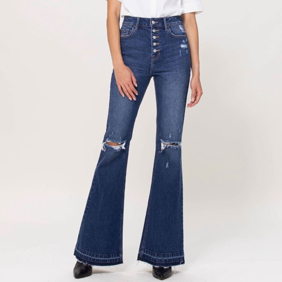 Cello Denim - Cello Dark Denim Distressed Flare Jeans, Size 9